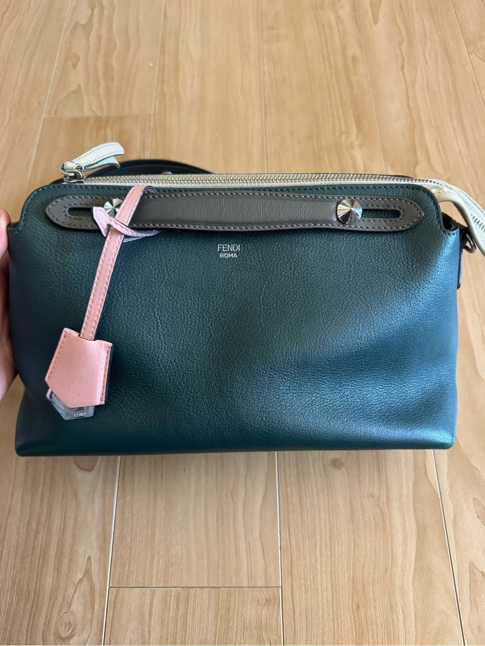 Fendi By The Way Satchel in Small, Dark Green Leather Crossbody with Pink Tag